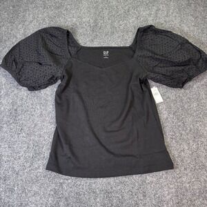 Gap Modern Tee Black Eyelet Puff Sleeve Sweetheart Neck Top Large NWT